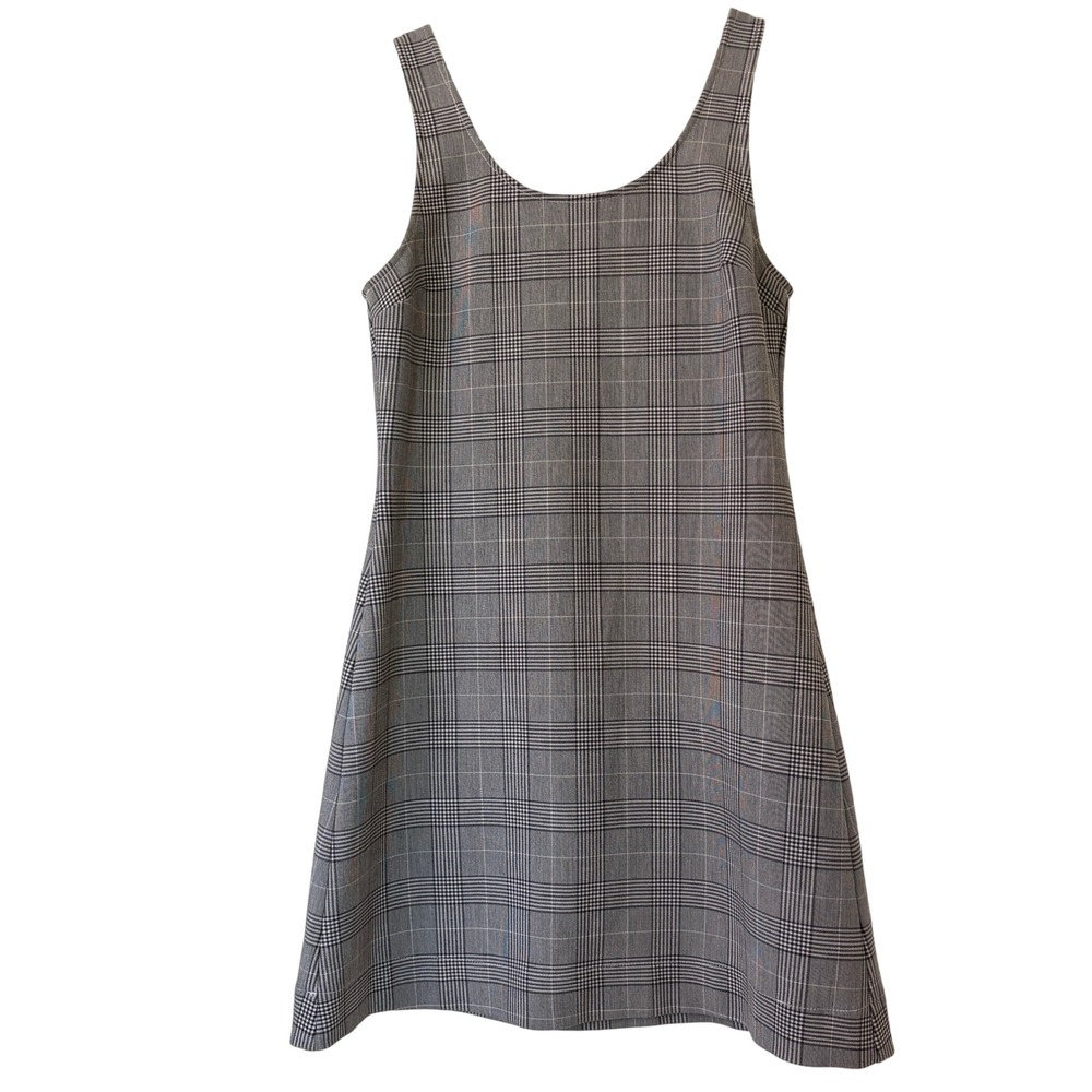 Ganni Garvey Gray Plaid Mini Dress Size 38/6 Scoop Neck Exposed Back Zip Shift